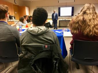 Andy Jones, director of the state of Alaska's office of substance misuse and addiction prevention, talked about the opioid epidemic with teens at a behavioral health camp in Juneau on Jan. 29, 2019. (Photo by Zoe Grueskin/KTOO)