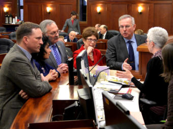 On Feb. 4, 2019, one day before tying the record for longest time without electing a speaker of the House, members from both caucuses consult with Chief Clerk Crys Jones about the body's rules. Rep. David Eastman, R-Wasilla, nominated both Reps. Bryce Edgmon and Dave Talerico as speaker. The nominations were eventually ruled out of order, member can only nominate one person at a time. Lawmakers pictured from left to right: Reps. Ben Carpenter, R-Nikiski; Cathy Tilton, R-Wasilla; Dave Talerico, R-Healy; Gabrielle LeDoux, R-Anchorage; Bryce Edgmon, D-Dillingham.