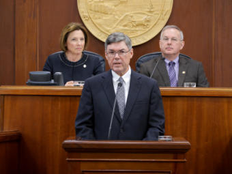 Alaska Supreme Court Chief Justice Joel Bolger delivers the annual State of the Judiciary Address to the Alaska Legislature in Juneau on Feb. 20, 2019.