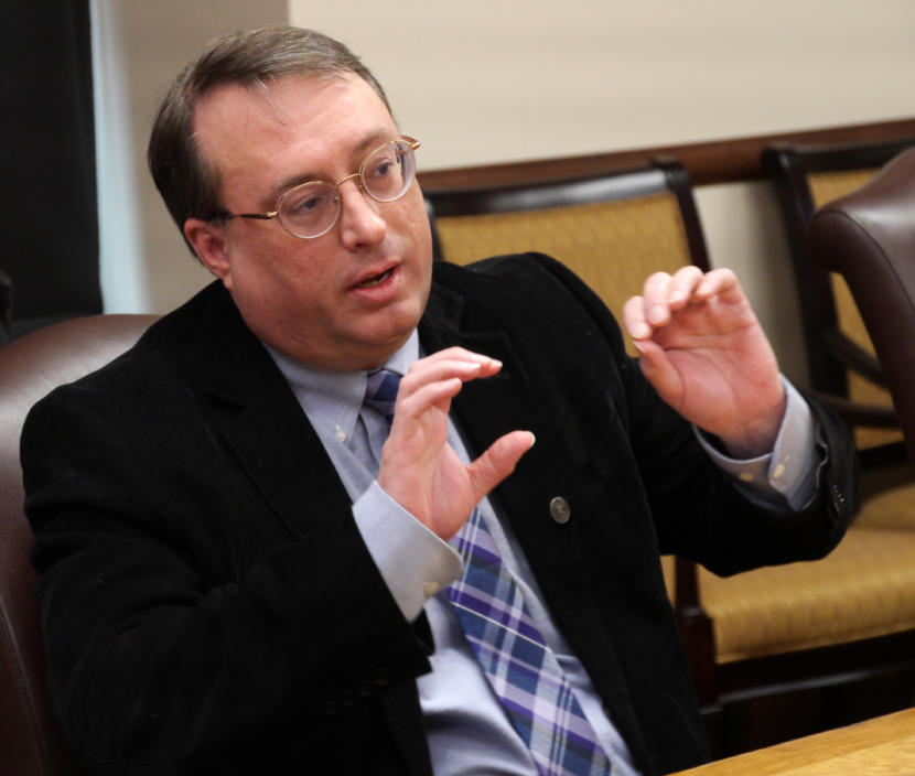 Police Director Mike Barnhill of the Office of Management and Budget answers a reporter’s question about the most recent version of Gov. Michael Dunleavy’s state operating budget in the governor’s cabinet room in the Capitol in Juneau on Feb. 13, 2019. He was at a budget briefing held for the press.