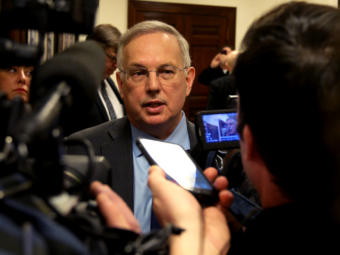 Rep. Bryce Edgmon, I-Dillingham, talks to reporters outside the House chambers shortly after being elected speaker of the House in Juneau on Feb. 14, 2019.