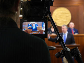 A Gavel Alaska camera operator shoots U.S. Sen. Dan Sullivan, R- Alaska, delivering his annual address to the Alaska Legislature in Juneau on Feb. 21, 2019. Gavel Alaska coverage of the event was broadcast live on television and on the web by 360 North.