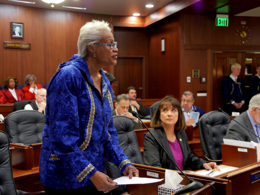 Sen. Elvi Gray-Jackson, D-Anchorage, speaks during a Senate floor session in Juneau on Feb, 8, 2019.