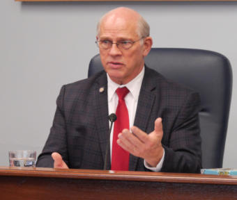 Sen. John Coghill, R-North Pole, talks with reporters at a Senate Republican press availability in Juneau on Jan. 15, 2019.