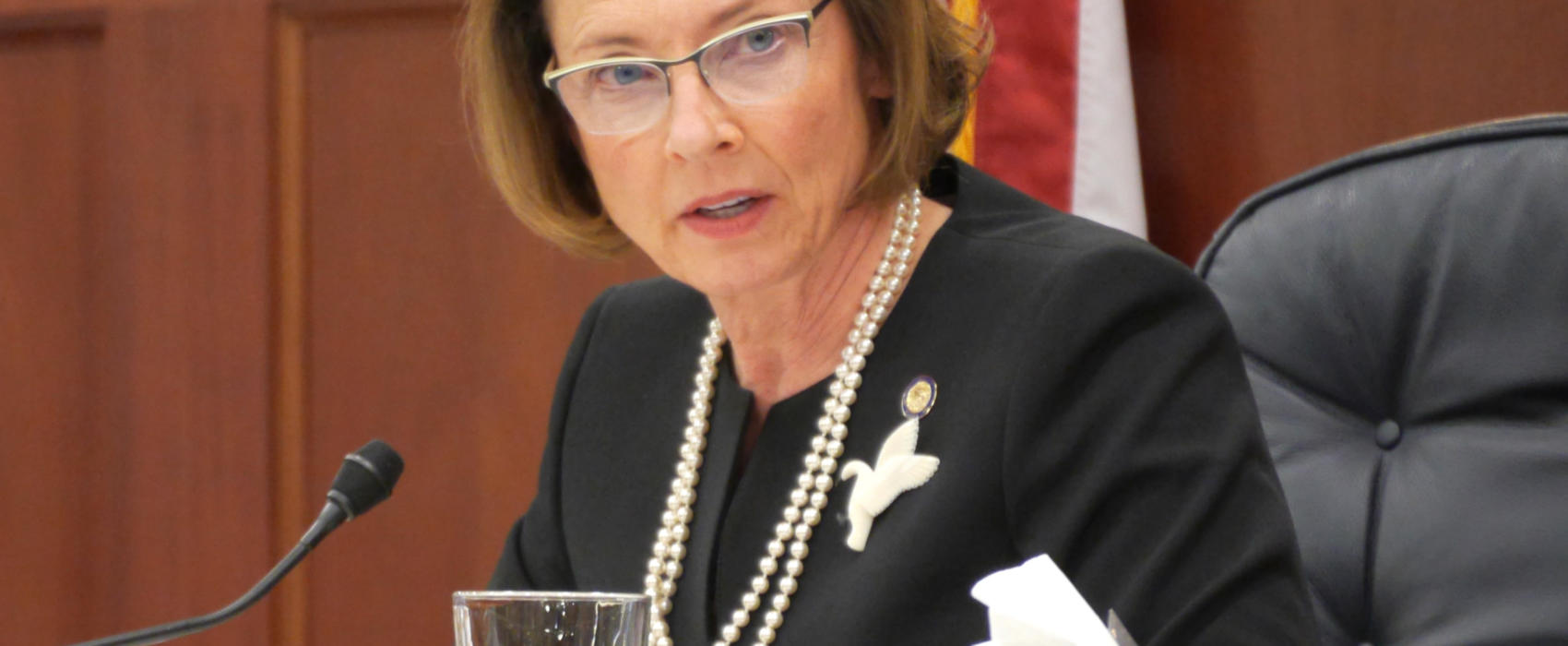 Senate President Cathy Giessel, R-Anchorage, presides during a Senate floor session in Juneau on Feb. 8, 2019.