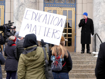 UAF neurobiology and anatomy.Professor Abel Bult-Ito speaks at a rally in front of the Capitol in Juneau on Feb. 13, 2019. About 80 people participated in the rally organized by the University of Alaska to advocate for support of state funding. It was held on the same day Gov. Michael Dunleavy released the latest version of his proposed state budget.