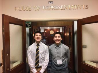 Cameron Mickia Kendrick Andrew (left) and Jacob Michael Andrew in front of House chambers on Feb. 13, 2019. (Photo by Zoe Grueskin/KTOO)