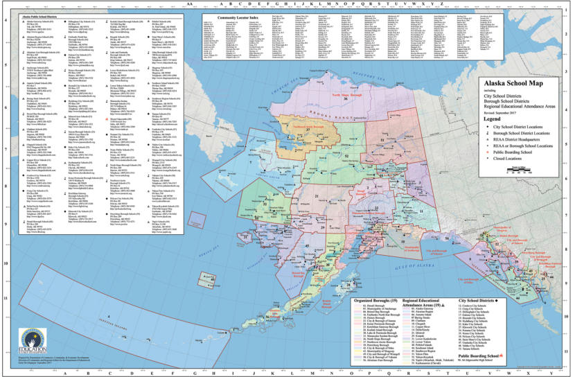 A map showing the boundaries between every school district in Alaska.