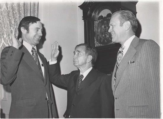 Rep. Don Young, R-Alaska, at his swearing-in ceremony, March 14, 1973. Speaker of the House Carl Albert, D-Okla., administers the oath, with House Minority Leader Gerald Ford, R-Mich.
