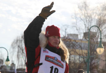 Aliy Zirkle at the ceremonial start of the 2019 Iditarod Trail Sled Dog Race in Anchorage.