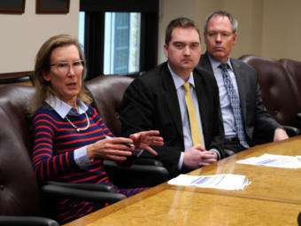 Three of Gov. Mike Dunleavy’s top financial advisers answer questions from the press about the governor’s 10-year budget plan at a press briefing held in the governor’s cabinet room at the State Capitol in Juneau on March 21, 2019. From left to right: Office of Management and Budget Director Donna Arduin, Chief Economist Ed King and Revenue Commissioner Bruce Tangeman.
