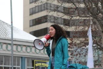 Seventeen-year-old Natalie Fraser speaks at the Anchorage climate strike.