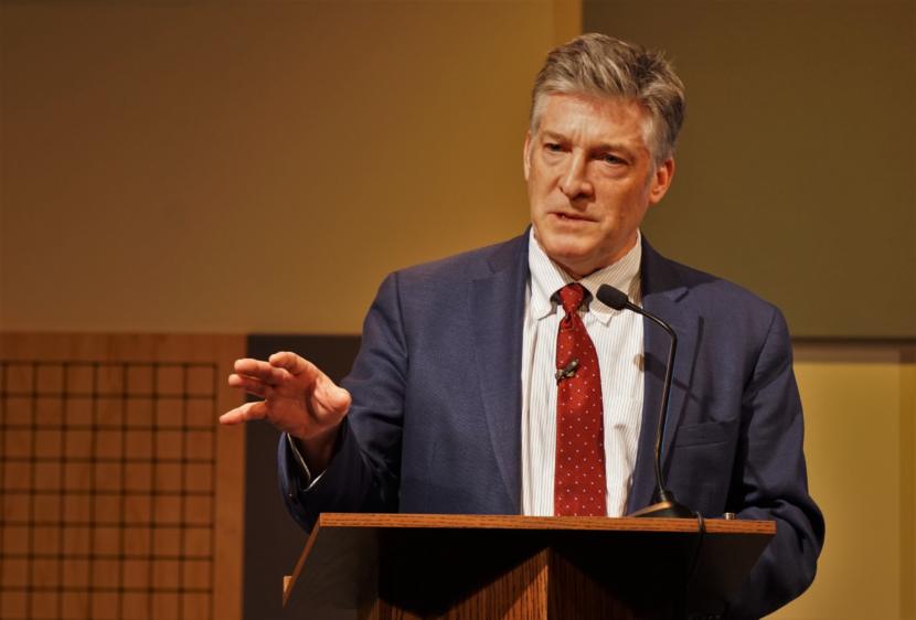 American Promise President Jeff Clements speaks to the Juneau World Affairs Council at KTOO in Juneau on March 18, 2019.