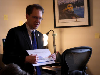 Rep. Lance Pruitt, R-Anchorage, talks to reporters at a House Republican Minority press availability in his office at the Capitol in Juneau on March 14, 2019.