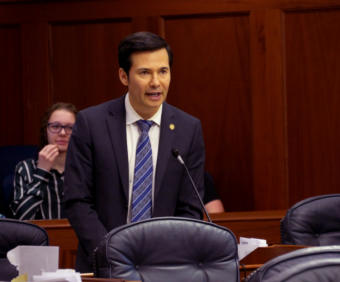 Rep. Neal Foster, D-Nome, co-chair of the House Finance Committee, speaks in support of Senate Bill 38 during a House floor session in Juneau on March 29, 2019. The bill would appropriate money for various disaster relief programs related to the earthquake that struck the Anchorage area on Nov. 30, 2019.