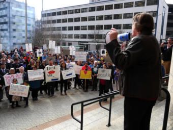 Rep. Sara Hannan, D-Juneau, speaks in support of the Alaska Marine Highway System at a rally held at the Alaska Capitol in Juneau on March 20. 2019.