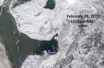 A satellite image taken of the Norton Sound region’s sea ice extent on February 28, 2019. (Photo by Rick Thoman/ACCAP)