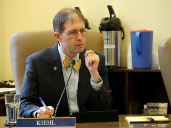 Sen. Jesse Kiehl, D-Juneau, listens during a Senate Judiciary Committee meeting in Juneau on March 22, 2019. Assistant Attorney General William Milks was laying out some details of Senate Bills 23 and 24, which would compensate Alaskans for past cuts to the Alaska Permanent Fund dividend.