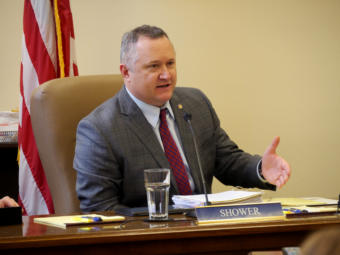 Sen. Mike Shower, R-Wasilla, questions Assistant Attorney General William Milks in the Senate Judiciary Committee in Juneau on March 22, 2019. Milks was testifying on Senate Bills 23 and 24, which would compensate Alaskans for past cuts to the Alaska Permanent Fund dividend.