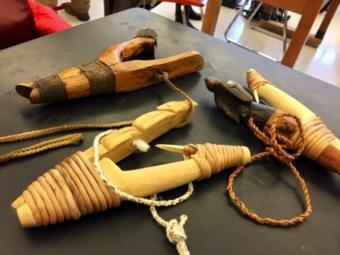 Traditional Tlingit halibut hooks brought as examples to a science class at Juneau-Douglas High School: Yadaa.at Kalé on March 5, 2019. (Photo by Zoe Grueskin/KTOO)