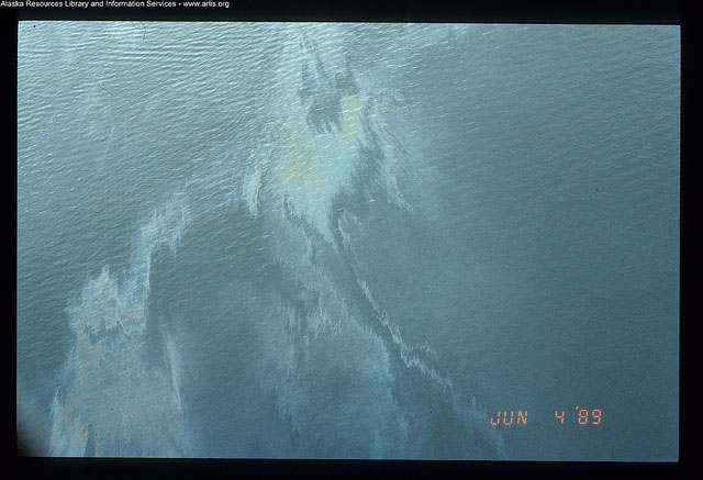 Slick on the water following the Exxon Valdez oil spill on March 24, 1989.