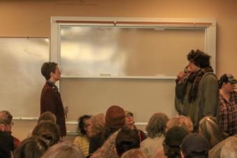 Homer High School senior Jesse Roach asks Rep. Sarah Vance to oppose cuts to education at a recent town hall.