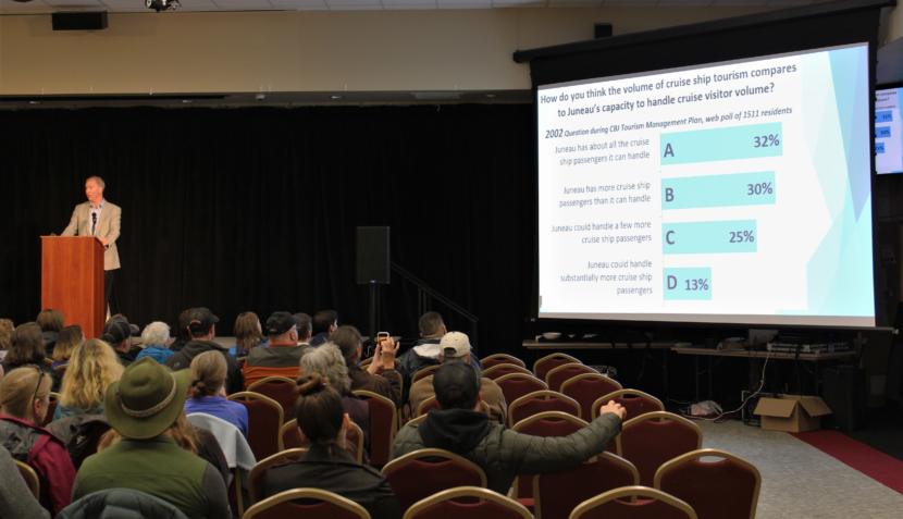 JEDC Executive Director Brian Holst shows attendees at a tourism forum the results of a survey from 2002 asking Juneau residents about visitor capacity. (Photo by Adelyn Baxter/KTOO)