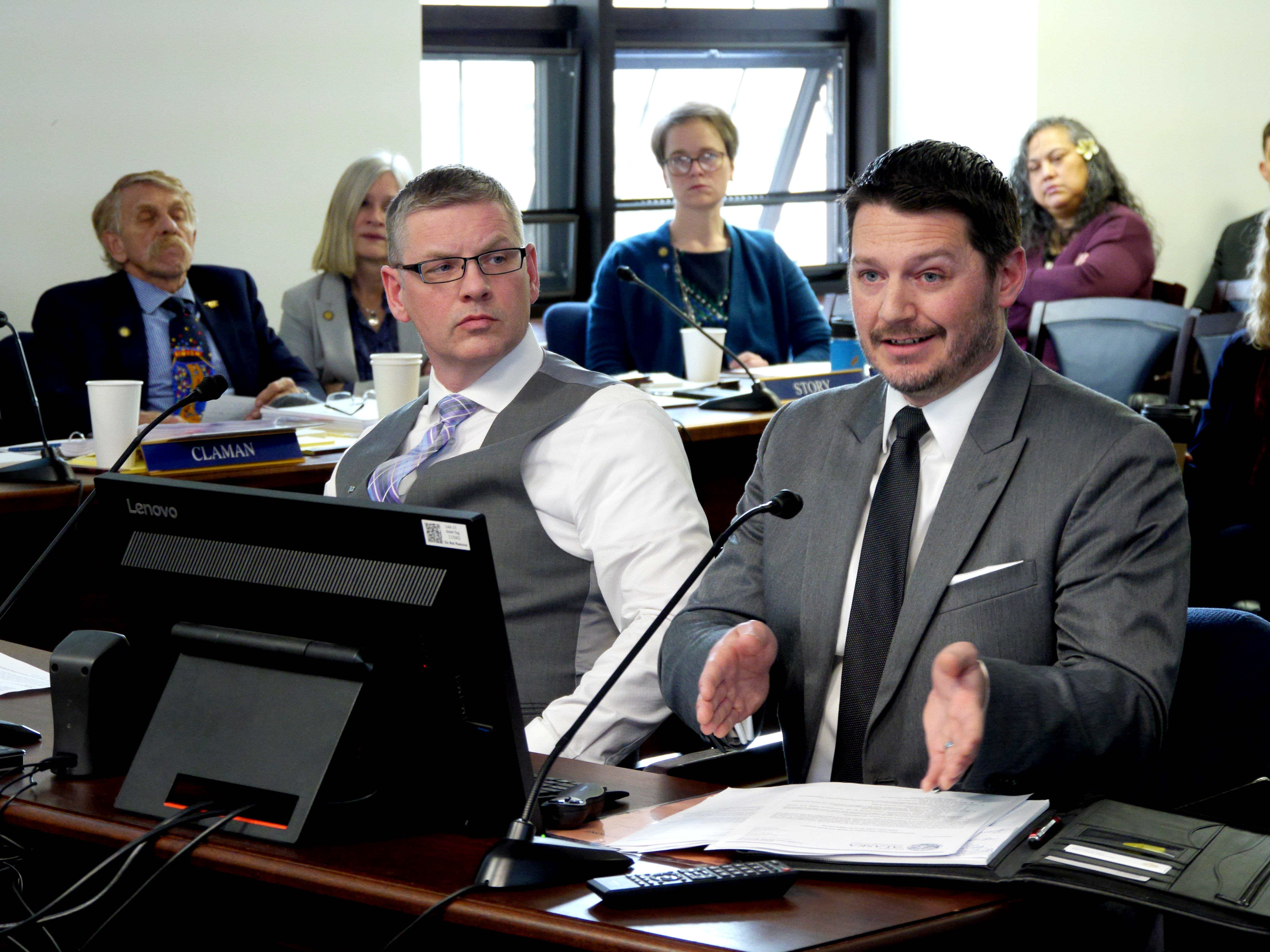 Department of Health and Social Services Deputy Commissioner Albert Wall, left, and Department of Administration Chief Procurement Officer Jason Soza field questions from members of the Health and Social Services and State Affairs committees in Juneau on April 2, 2019. The committees were examining procurement procedures that led to a controversial contract to manage the Alaska Psychiatric Institute.