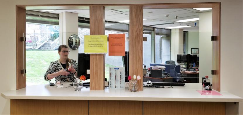 Amanda Beebe-Bay covers the front desk at the clerk's office in the Dimond Courthouse in Juneau on April 22, 2019.