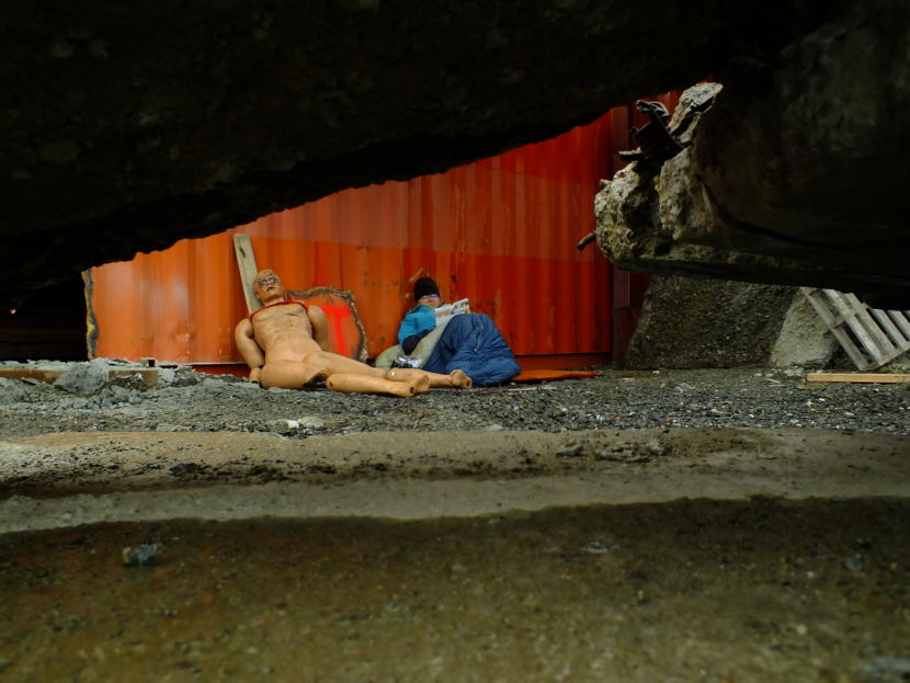 Iola Young and her mute, naked friend wait for rescue during an urban search and rescue exercise in Juneau on April 12, 2019.