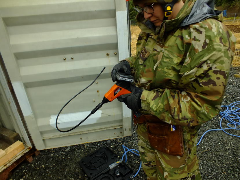 Special camera for searching in confined spaces is prepared for use during an urban search and rescue exercise in Juneau on April 12, 2019.