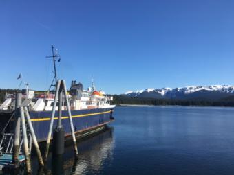 The MV LeConte sits at the dock in Angoon on March 28, 2019.
