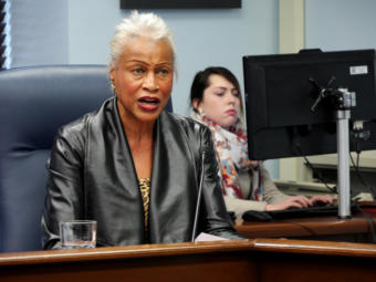 Sen. Elvi Gray-Jackson, D-Anchorage, talks to reporters at a Senate Minority press availability in Juneau on March 11, 2019.