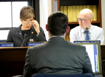 House Health and Social Services Committee co-chair Rep. Ivy Spohnholz, D-Anchorage, questions Chief Procurement Officer Jason Soza of the Department of Administration in a joint meeting with the House State Affairs Committee in Juneau on April 2, 2019. The committee was examining procurement procedures that led to a controversial contract to manage the Alaska Psychiatric Institute. Rep. Jonathan Kreiss-Tomkins, D-Sitka, co-chair of the House State Affairs Committee is on the right.