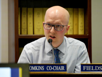 House State Affairs Committee co-chair Rep. Jonathan Kreiss-Tomkins, D-Sitka, questions representatives of the Dunleavy administration at a joint meeting with the Health and Social Services Committee in Juneau on April 2, 2019. The committees were examining procurement procedures that led to a controversial contract to manage the Alaska Psychiatric Institute.