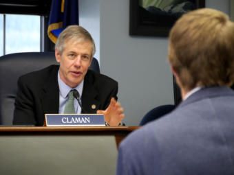 Rep. Matt Claman, D-Anchorage, questions Chad Hutchison, counsel for the Senate Majority, at a free conference committee in the Capitol in Juneau on April 22, 2019. They were discussing Senate Bill 89, which would change the law regarding conflicts of interest involving legislators, family members, employers and potential employers.