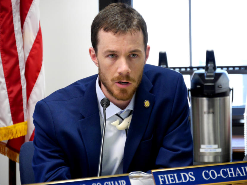 House State Affairs Committee co-chair Rep. Zack Fields, D-Anchorage, questions Dunleavy administration representatives at a joint meeting with the Health and Social Services Committee in Juneau on April 2, 2019. The purpose of the meeting was to examine procurement procedures that led to a controversial contract to manage the Alaska Psychiatric Institute.