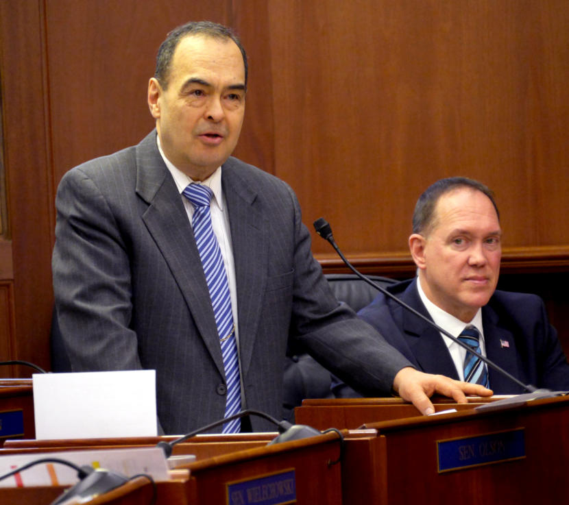 Sen. Donny Olson, D-Golovin, speaks during a Senate floor session in Juneau on March 13, 2019.