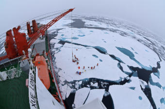 Drift ice camp in the middle of the Arctic Ocean as seen from the deck of icebreaker XueLong, July 2010.