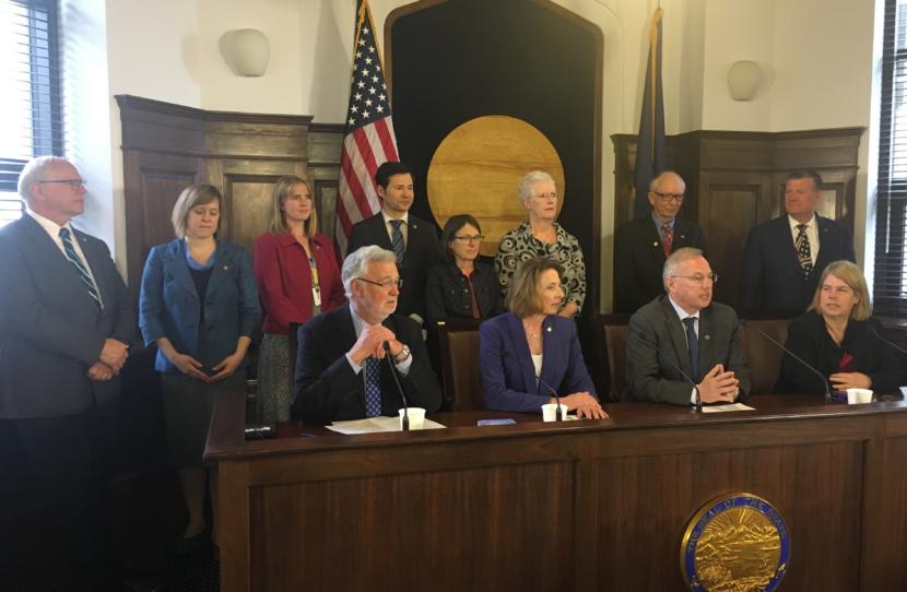Legislative leaders from the Senate and House discuss giving the Legislative Council the authority to sue the administration of Gov. Mike Dunleavy over school funding. They spoke at a press availability in the House Speaker's chambers in the Capitol in Juneau, May 28, 2019. (Photo by Andrew Kitchenman/KTOO and Alaska Public Media)