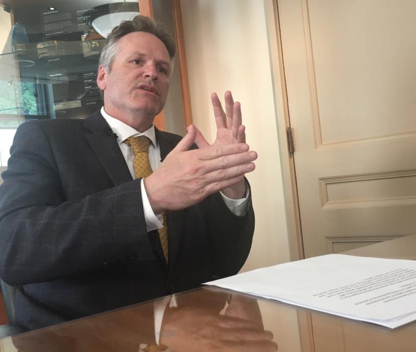 Gov. Mike Dunleavy, a Republican, talks with reporters about his hope that the Legislature complete its work on the state budget and permanent fund dividends. He sat down with reporters in the governor's office in the Capitol in Juneau, May 29, 2019. (Photo by Andrew Kitchenman/KTOO and Alaska Public Media)