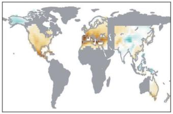 Regions projected to become drier or wetter as the world warms. More intense browns mean more aridity; greens, more moisture. (Gray areas lack sufficient data so far.) A new study shows that observations going back to 1900 confirm projections are largely on target. (Adapted from Marvel et al., Nature, 2019)