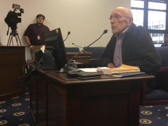 Vic Fisher, the sole surviving member of the 1955 Alaska constitutional convention, testifies in a House State Affairs Committee hearing, May 7, 2019. Fischer opposes three constitutional amendment proposals by Gov. Mike Dunleavy. Fischer's 95th birthday was two days earlier. (Photo by Andrew Kitchenman/KTOO and Alaska Public Media)