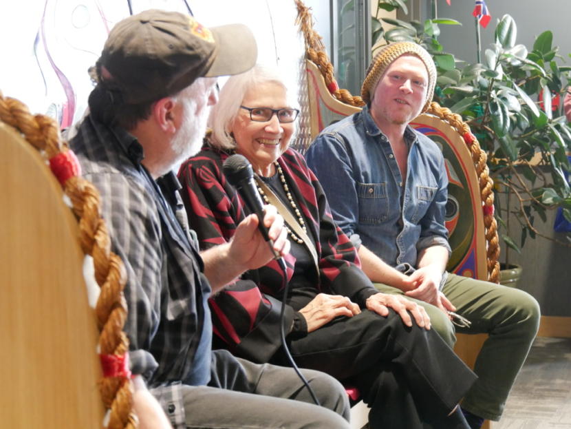 Ray Troll, Delores Churchill and Donald Varnell describe their work on “Ectoplasmic Salmon Settee #1” at the Petersburg Municipal Building Friday, May 17, 2019. (Photo by Joe Viechnicki/KFSK)