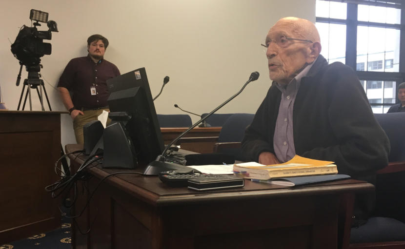 Vic Fisher, the sole surviving member of the 1955 Alaska constitutional convention, testifies in a House State Affairs Committee hearing, May 7, 2019. Fischer opposes three constitutional amendment proposals by Gov. Mike Dunleavy. Fischer's 95th birthday was two days earlier.