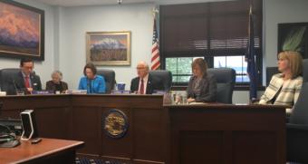 The Senate Rules Committee discusses Senate Bill 1002, which would set this year's permanent fund dividend at $1,600. Sen. John Coghill, R-North Pole, center, is the committee chair. June 3, 2019. (Photo by Andrew Kitchenman/KTOO & Alaska Public)