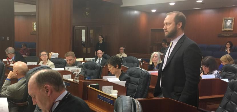 Rep. John Lincoln, D-Kotzebue, speaks about an amendment to the capital budget bill that would pay full, roughly $3,000 permanent fund dividends. The amendment failed on the House floor in the Capitol in Juneau, June 12, 2019. (Photo by Andrew Kitchenman/KTOO and Alaska Public Media)