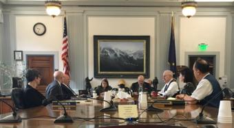 The bicameral working group on permanent fund earnings meets for the first time on June 12. The members are: Rep. Kelly Merrick, R-Eagle River; Rep. Jonathan Kreiss-Tomkins, D-Sitka; Rep. Adam Wool, D-Fairbanks; Rep. Jennifer Johnston, R-Anchorage, co-chair; Sen. Click Bishop, R-Fairbanks; Sen. Bert Stedman, R-Sitka; Sen. Shelley Hughes, R-Palmer; and Sen. Donny Olson, D-Golovin. (Photo by Andrew Kitchenman/KTOO and Alaska Public Media)