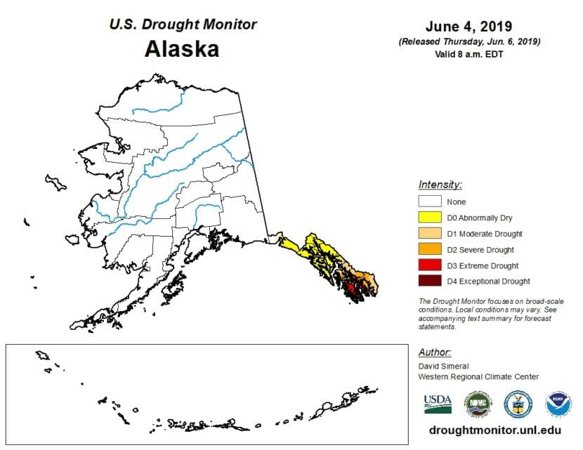A map showing the intensity of drought across Alaska.