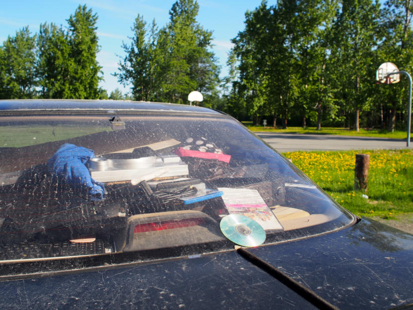 A car parked overnight and filled with possessions in Officer Brian Fuchs’s normal patrol area. (Photo by Zachariah Hughes/Alaska Public Media)